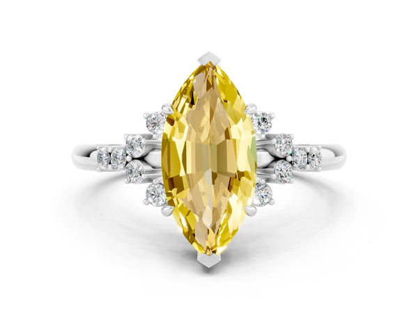 Silver Marquise Cut Yellow Sapphire Ring with Side Stones and Four-Prong Setting