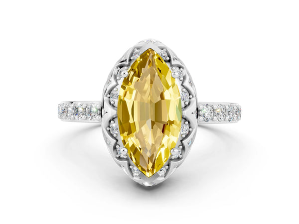 Silver Marquise Cut Yellow Sapphire Scalloped Halo Engagement Ring with Round Shared Prong Band