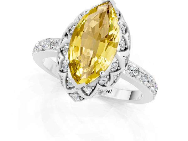 Silver Marquise Cut Yellow Sapphire Scalloped Halo Engagement Ring with Round Shared Prong Band