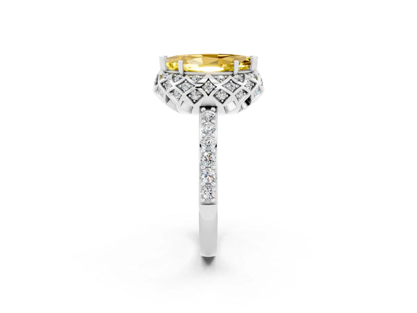 Platinum Marquise Cut Yellow Sapphire Scalloped Halo Engagement Ring with Round Shared Prong Band