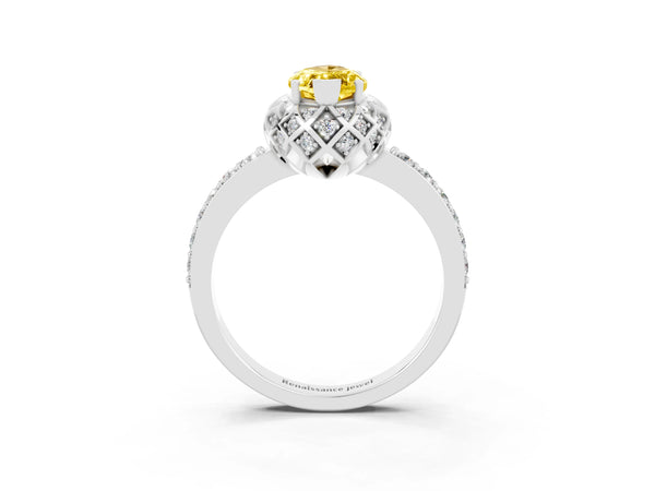 White gold Marquise Cut Yellow Sapphire Scalloped Halo Engagement Ring with Round Shared Prong Band