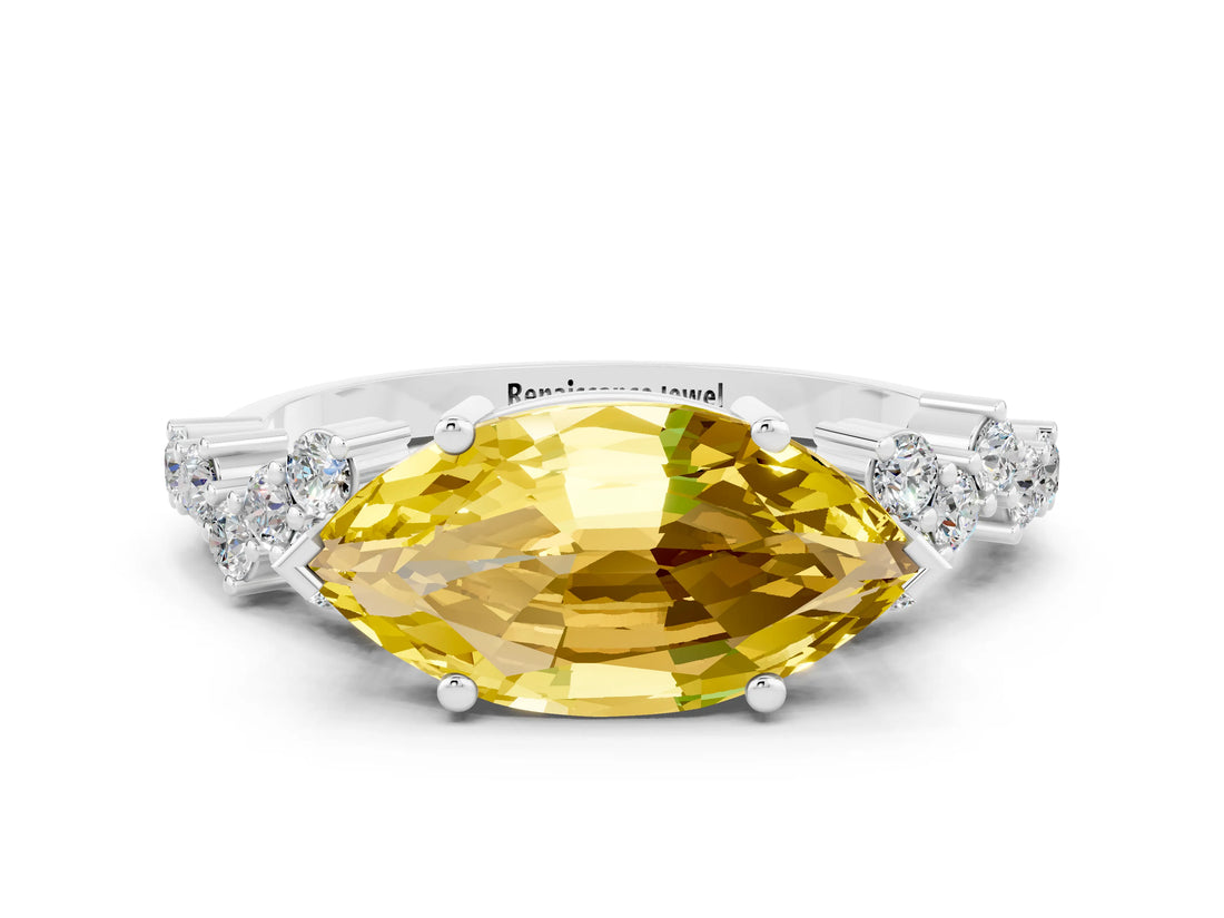 White gold Marquise Cut Yellow Sapphire Scattered Round Accent Ring with Prong Setting_24