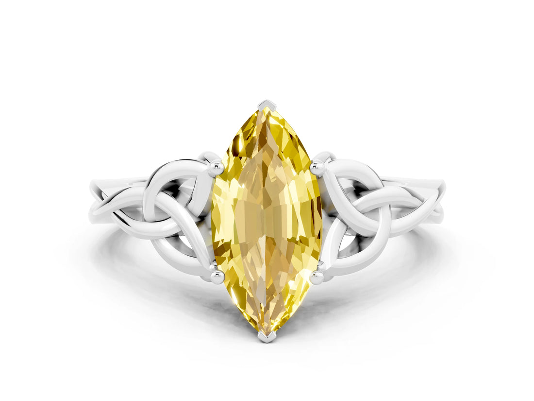 White gold Marquise Cut Yellow Sapphire Solitaire Celtic Knot Ring with Four-Prong Setting_24