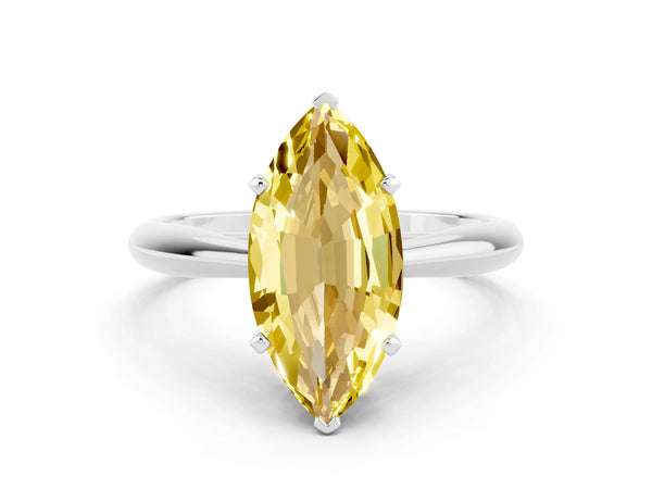 White gold Marquise Cut Yellow Sapphire Solitaire Engagement Ring with Cathedral Setting and Four-Prong Mount
