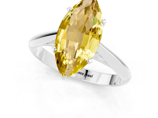 White gold Marquise Cut Yellow Sapphire Solitaire Engagement Ring with Cathedral Setting and Four-Prong Mount