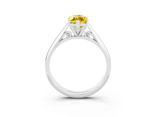 White gold Marquise Cut Yellow Sapphire Solitaire Engagement Ring with Cathedral Setting and Four-Prong Mount