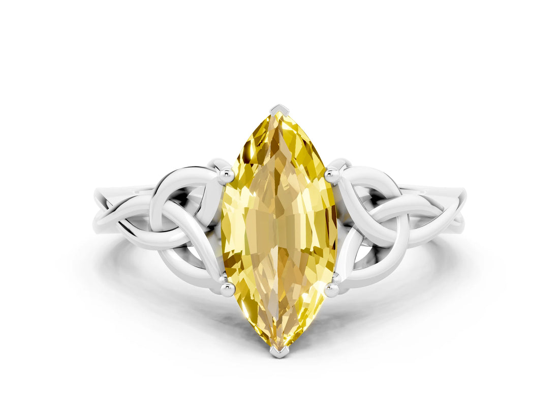 White gold Marquise Cut Yellow Sapphire Solitaire Engagement Ring with Celtic Knot Band and Four-Prong Setting_24