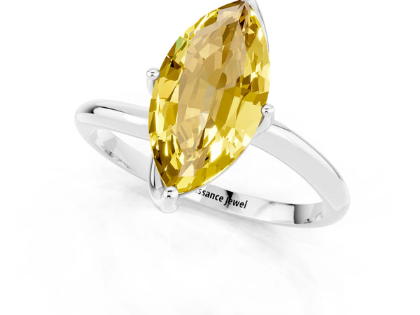 Silver Marquise Cut Yellow Sapphire Solitaire Engagement Ring with Four-Prong Setting and Classic Band