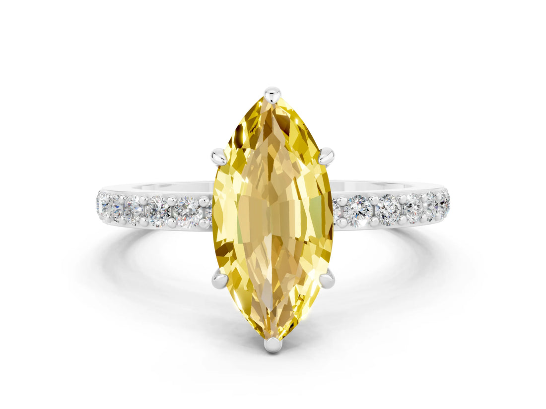 White gold Marquise Cut Yellow Sapphire Solitaire Engagement Ring with Pavé Band and Four-Prong Setting_24