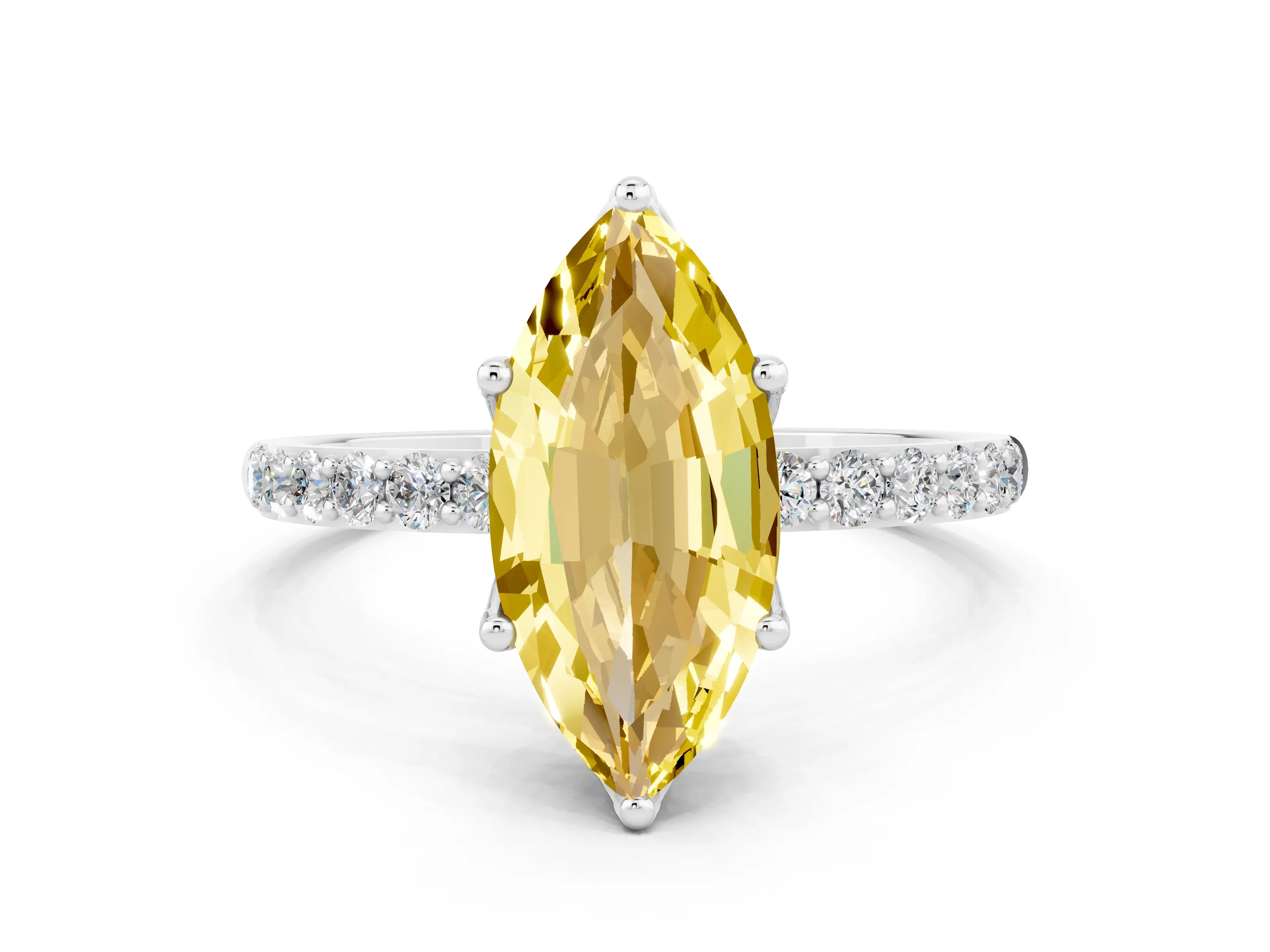 White gold Marquise Cut Yellow Sapphire Solitaire Engagement Ring with Pavé Band and Prong Setting