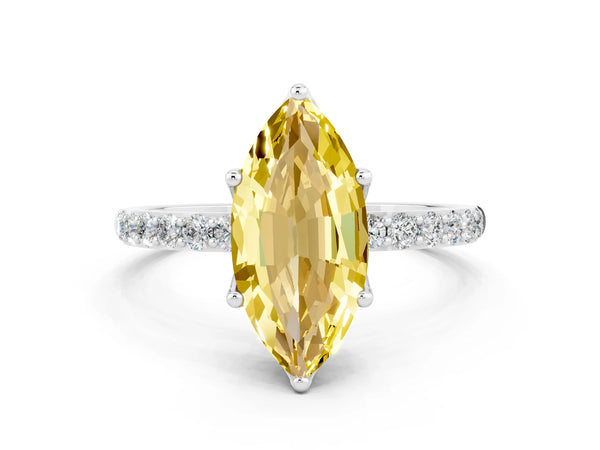 White gold Marquise Cut Yellow Sapphire Solitaire Engagement Ring with Round  Pavé Band and Prong Setting