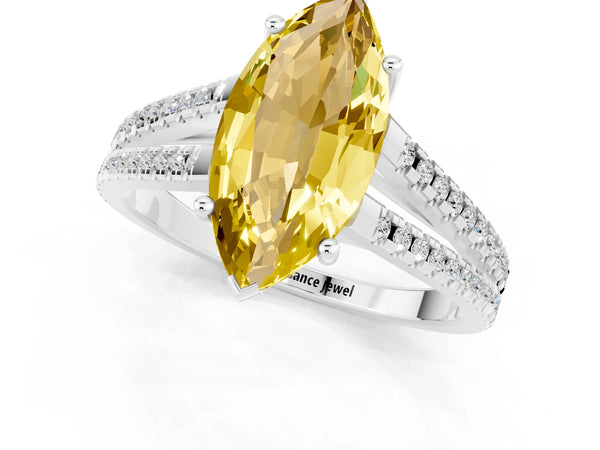 White gold Marquise Cut Yellow Sapphire Solitaire Engagement Ring with Split Shank Pavé Band