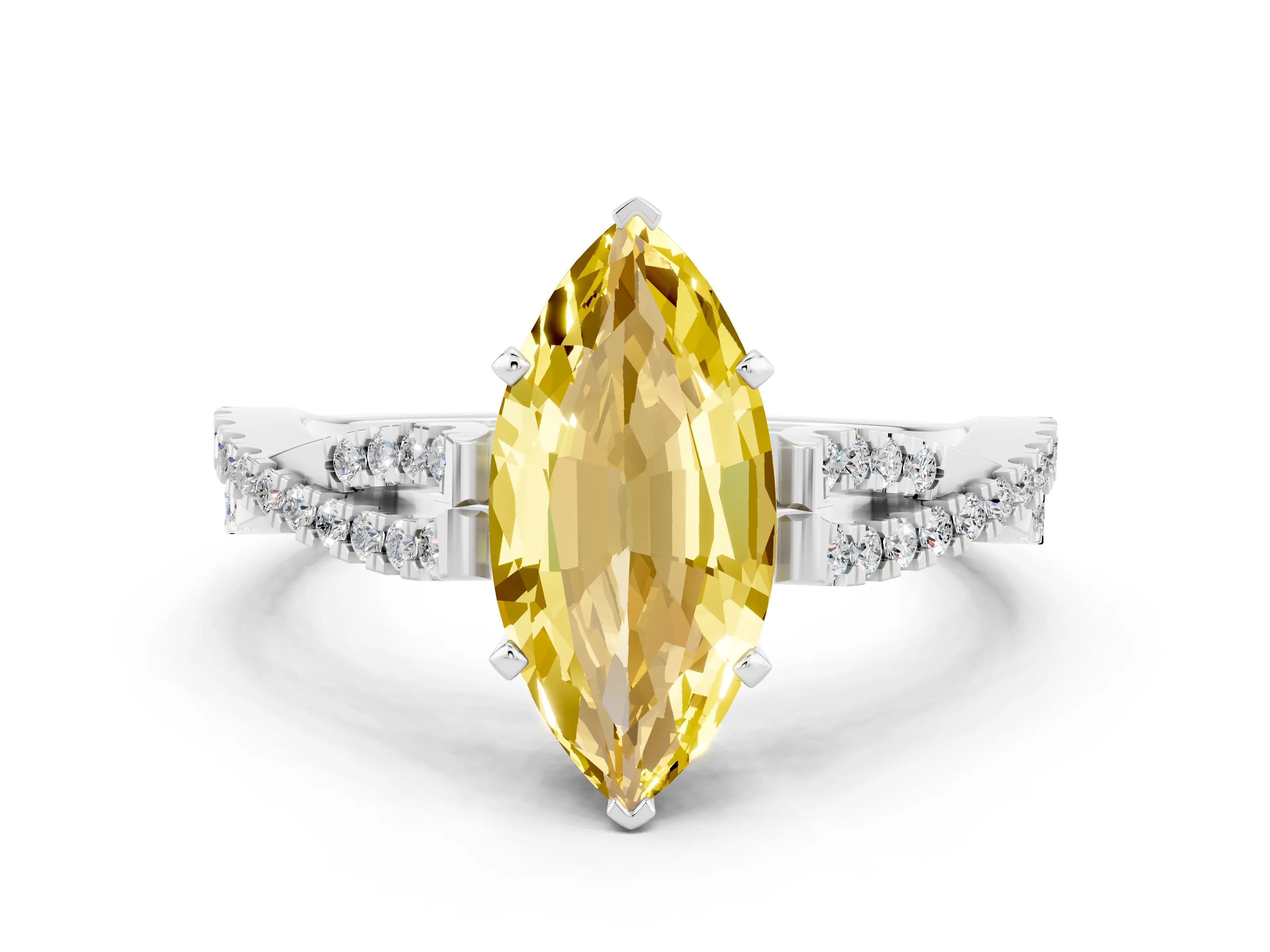 White gold Marquise Cut Yellow Sapphire Solitaire Engagement Ring with Twisted Pavé Band and Four-Prong Setting_12