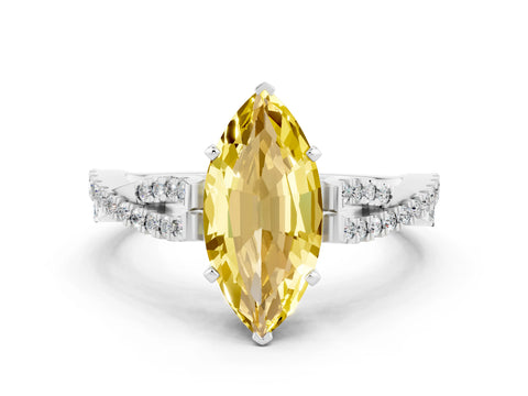 White gold Marquise Cut Yellow Sapphire Solitaire Engagement Ring with Twisted Pavé Band and Four-Prong Setting_12