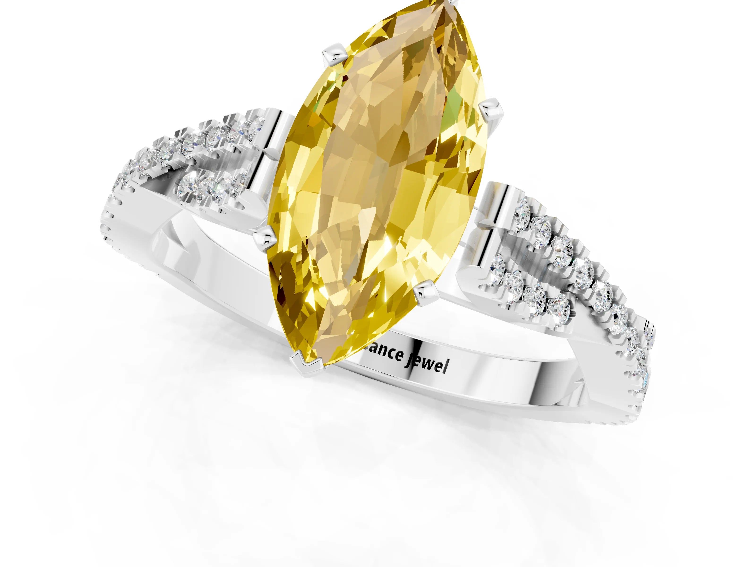 White gold Marquise Cut Yellow Sapphire Solitaire Engagement Ring with Twisted Pavé Band and Four-Prong Setting_13