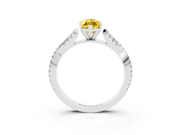 Platinum Marquise Cut Yellow Sapphire Solitaire Engagement Ring with Twisted Pavé Band and Four-Prong Setting
