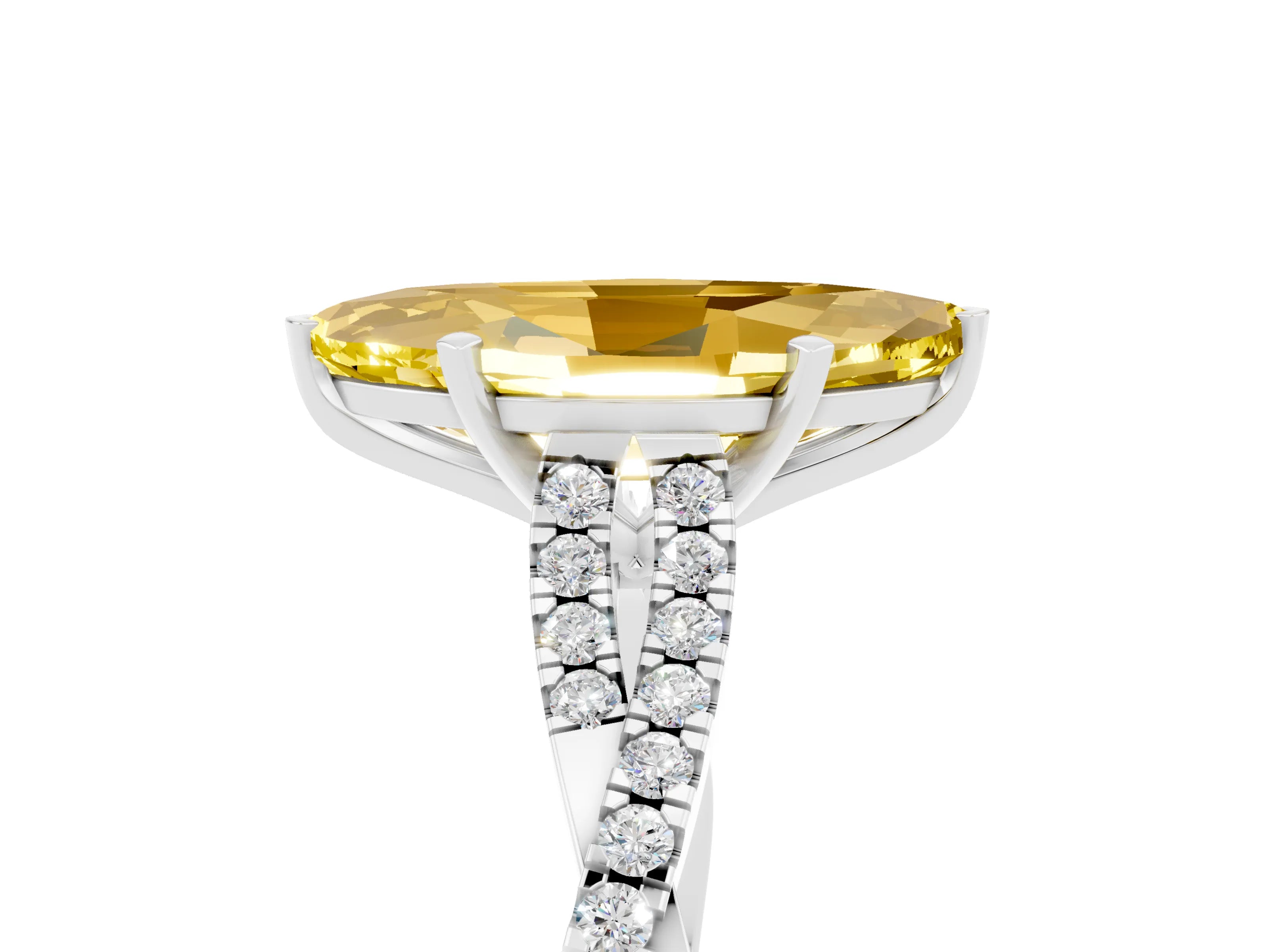 White gold Marquise Cut Yellow Sapphire Solitaire Engagement Ring with Twisted Pavé Band and Four-Prong Setting_17