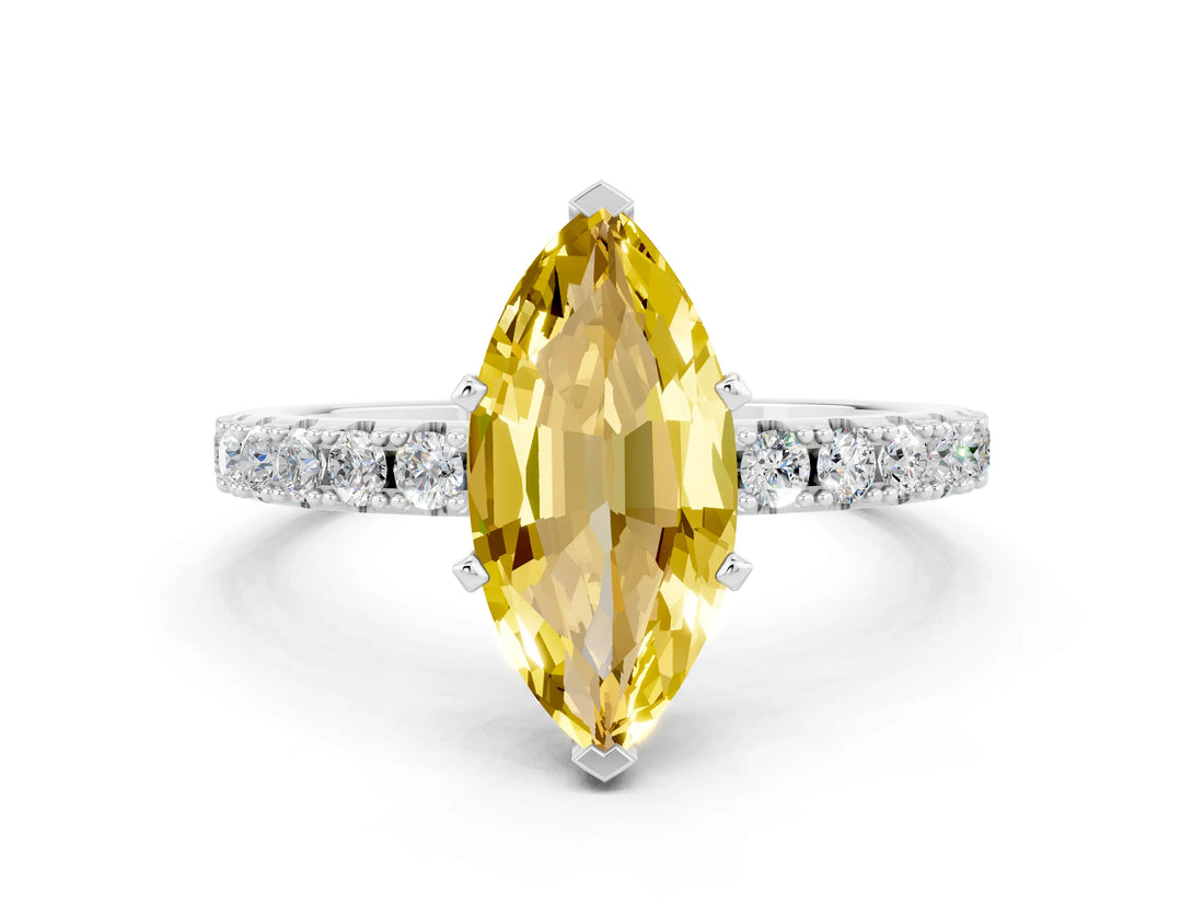 White gold Marquise Cut Yellow Sapphire Solitaire Pavé Band with Four-Prong Setting_24