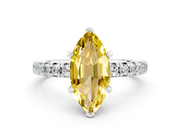 White gold Marquise Cut Yellow Sapphire Solitaire Pavé Engagement Ring with Round Band and Prong Setting