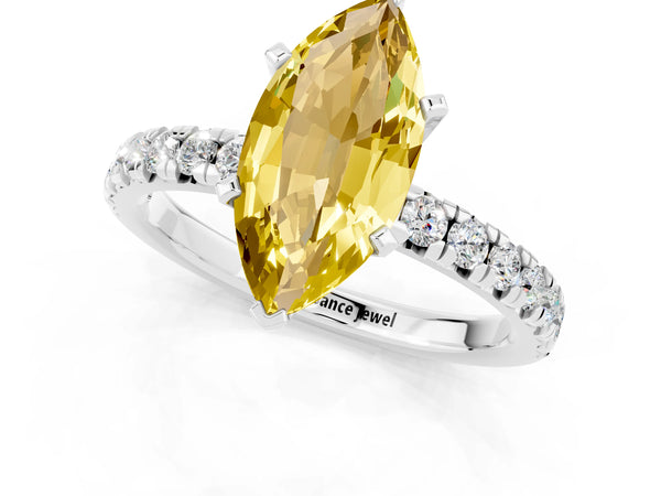 Platinum Marquise Cut Yellow Sapphire Solitaire Pavé Engagement Ring with Round Band and Prong Setting