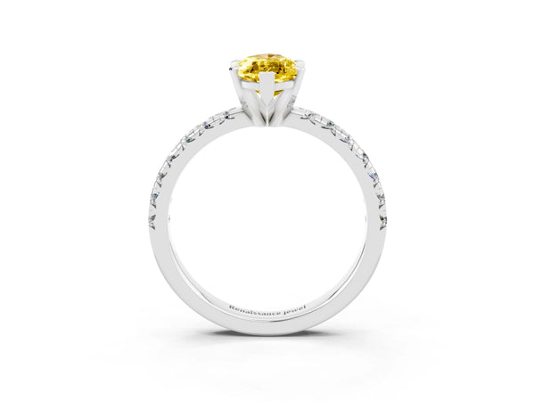 Platinum Marquise Cut Yellow Sapphire Solitaire Pavé Engagement Ring with Round Band and Prong Setting