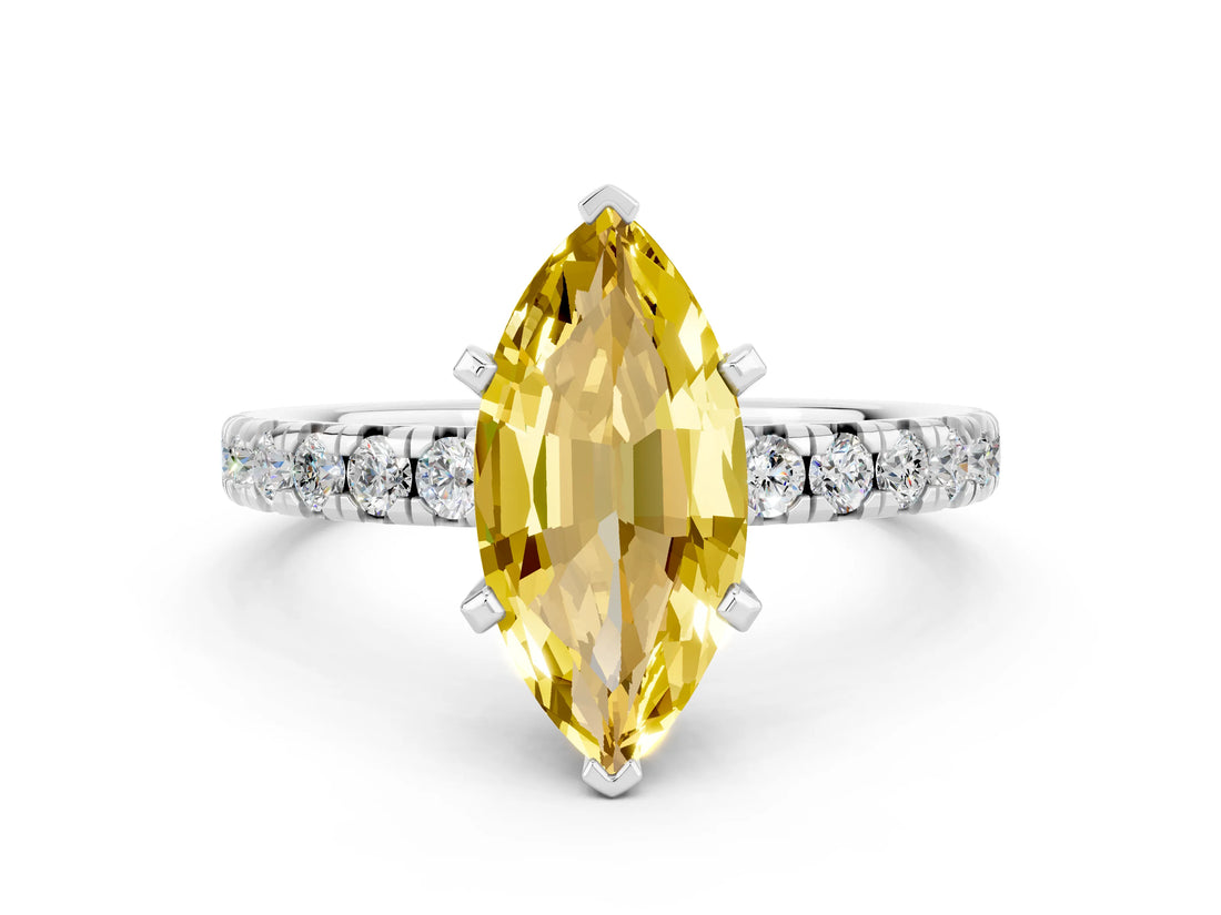 White gold Marquise Cut Yellow Sapphire Solitaire Pavé Engagement Ring with Round Band and Prong Setting_78