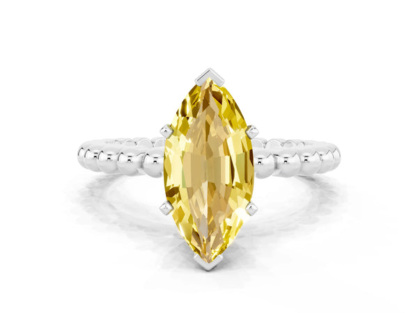 White gold Marquise Cut Yellow Sapphire Solitaire Ring with Beaded Band and Prong Setting