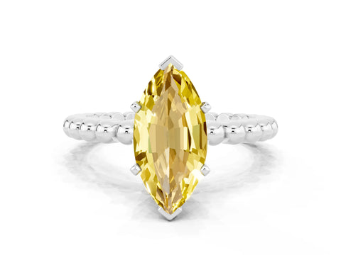 White gold Marquise Cut Yellow Sapphire Solitaire Ring with Beaded Band and Prong Setting_12