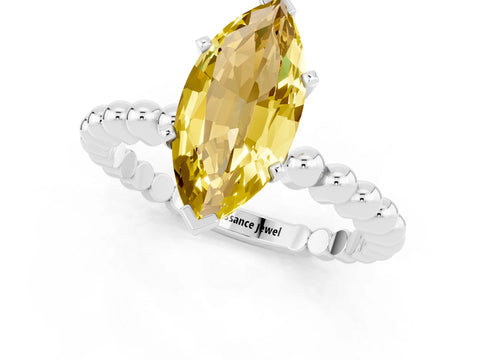 White gold Marquise Cut Yellow Sapphire Solitaire Ring with Beaded Band and Prong Setting_1
