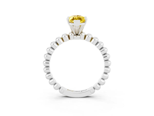 Platinum Marquise Cut Yellow Sapphire Solitaire Ring with Beaded Band and Prong Setting