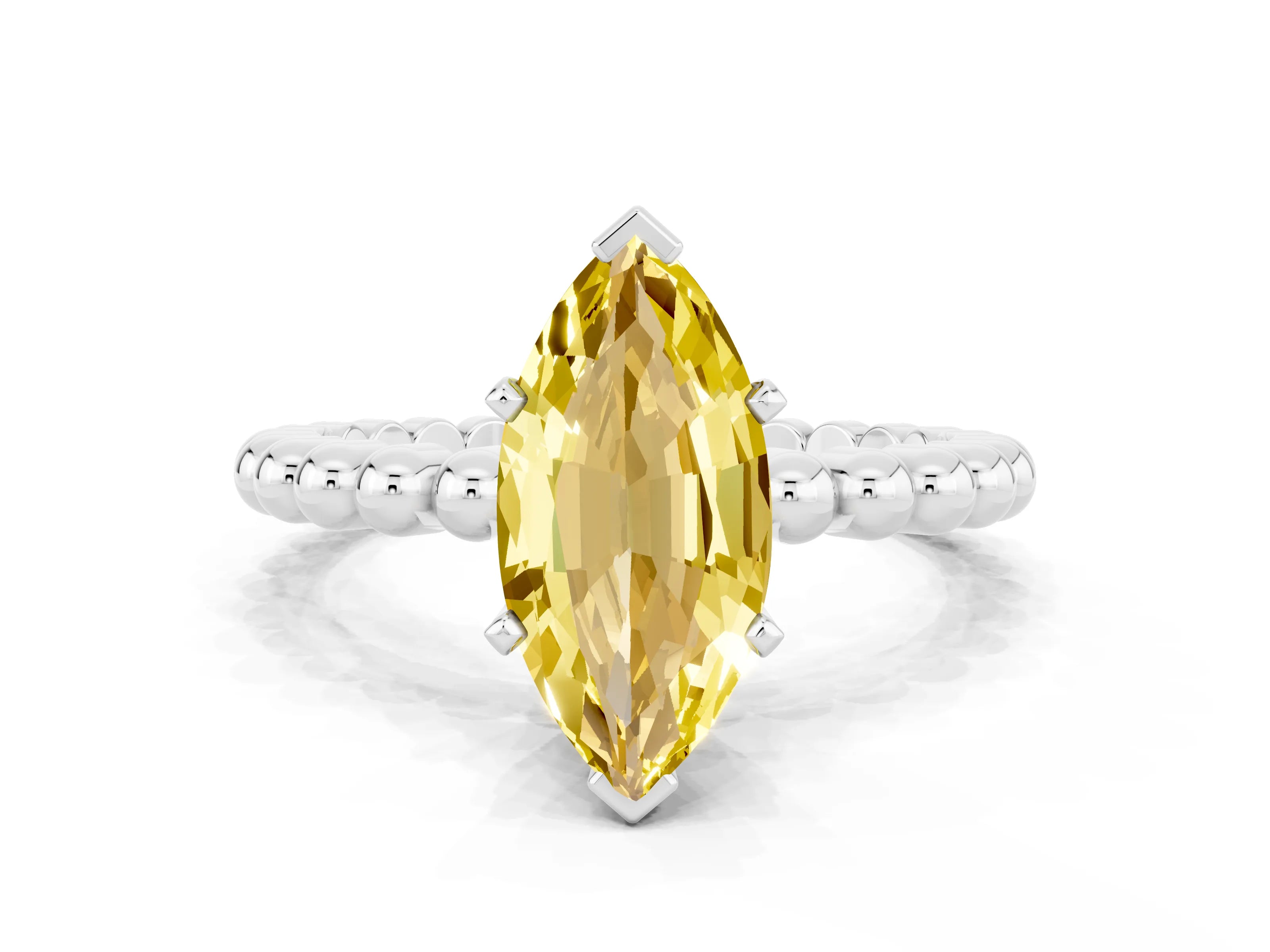 White gold Marquise Cut Yellow Sapphire Solitaire Ring with Beaded Band and Prong Setting