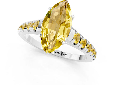 White gold Marquise Cut Yellow Sapphire Solitaire Ring with Cathedral Setting and Pavé Band_1
