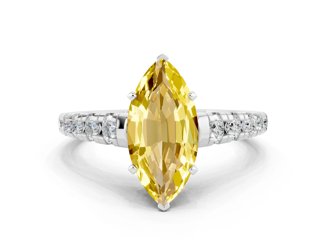 White gold Marquise Cut Yellow Sapphire Solitaire Ring with Cathedral Setting and Pavé Band_24