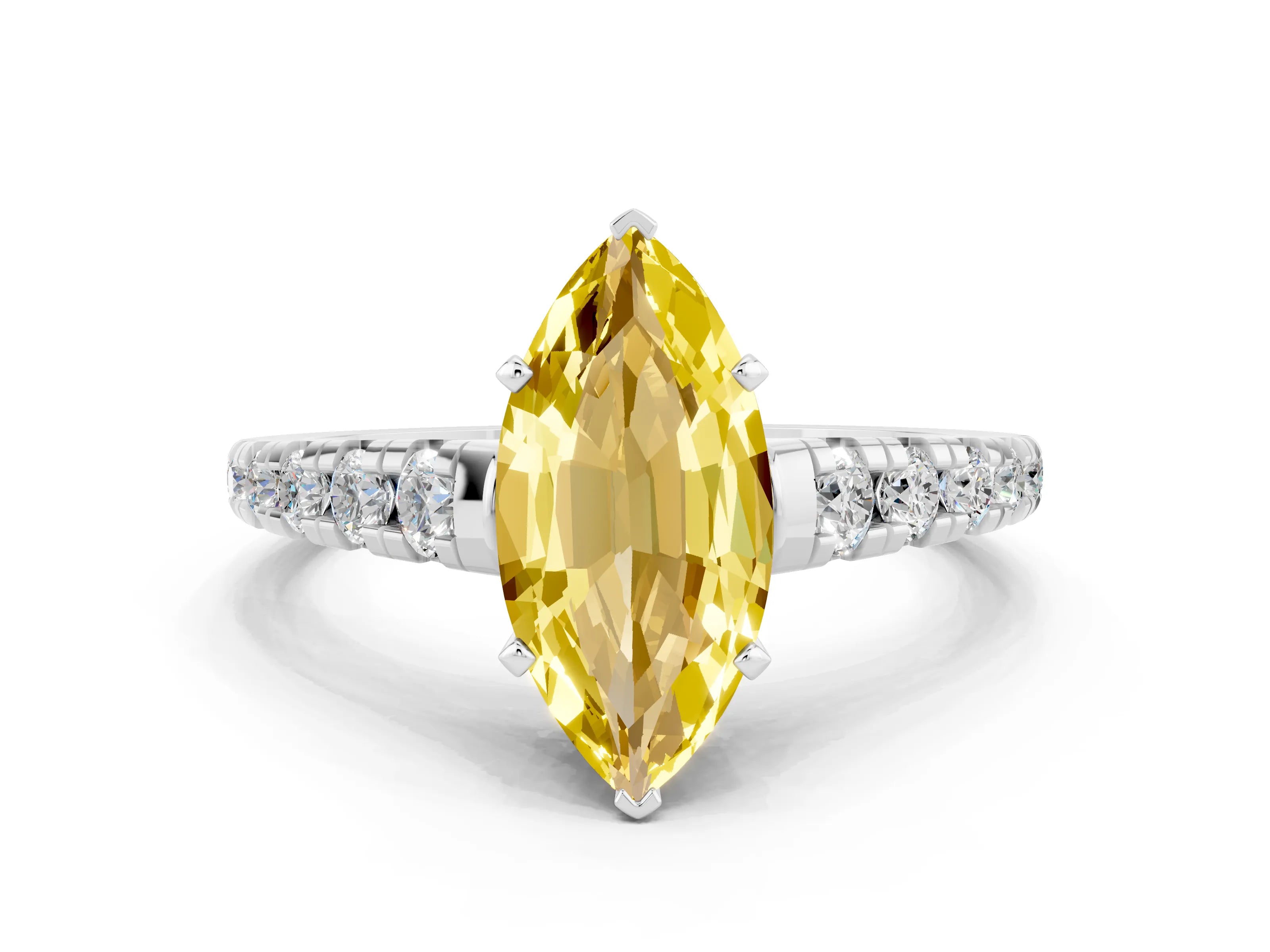 White gold Marquise Cut Yellow Sapphire Solitaire Ring with Cathedral Setting and Pavé Band_24