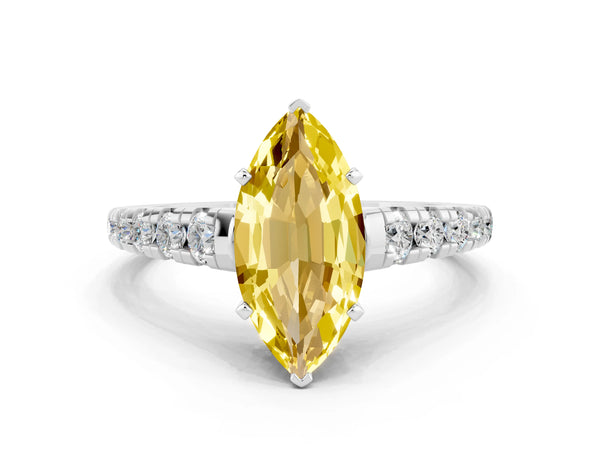 Silver Marquise Cut Yellow Sapphire Cathedral Solitaire Ring with Round  Pavé Band