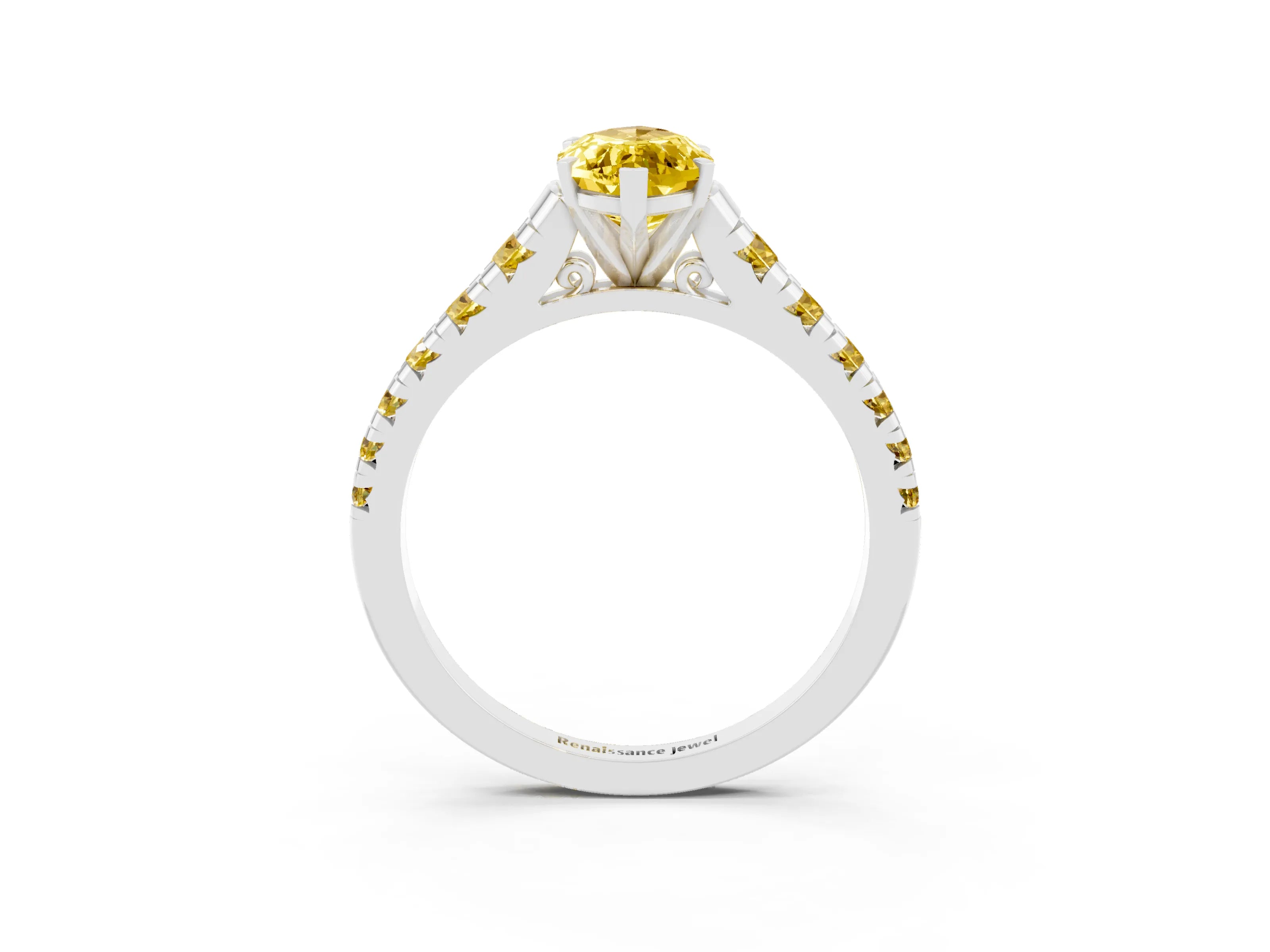 White gold Marquise Cut Yellow Sapphire Solitaire Ring with Cathedral Setting and Pavé Band_3