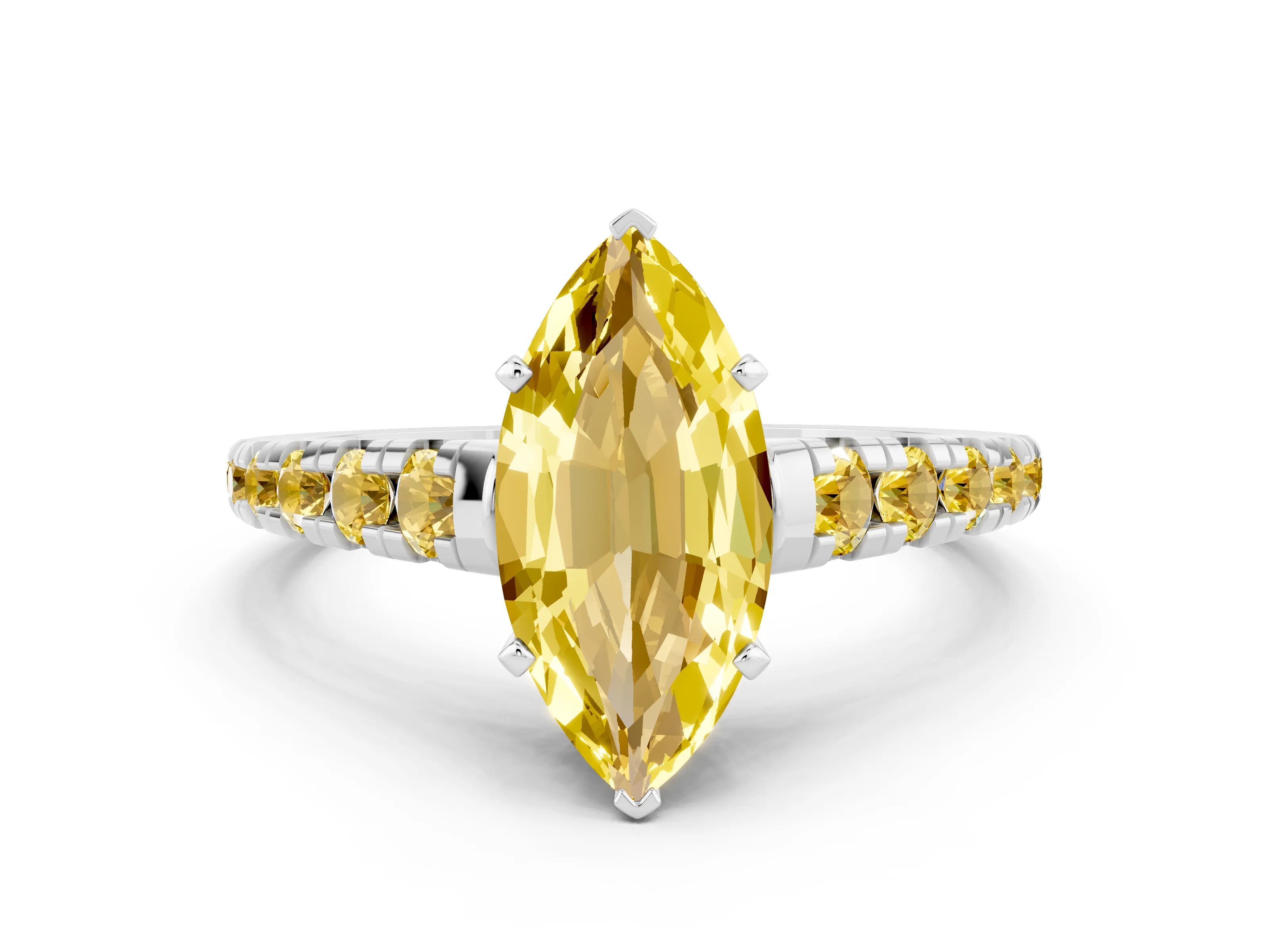 White gold Marquise Cut Yellow Sapphire Solitaire Ring with Cathedral Setting and Pavé Band