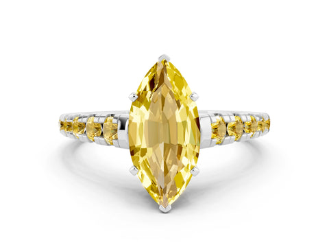 White gold Marquise Cut Yellow Sapphire Solitaire Ring with Cathedral Setting and Pavé Band
