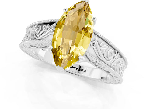 White gold Marquise Cut Yellow Sapphire Solitaire Ring with Engraved Band and Four-Prong Setting_1