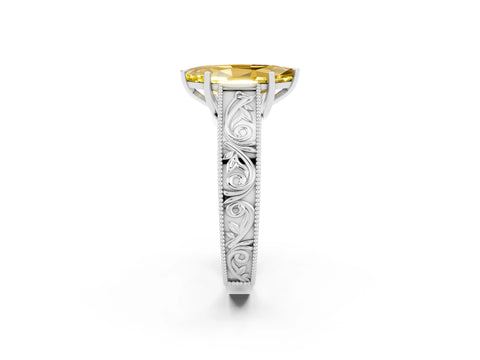 White gold Marquise Cut Yellow Sapphire Solitaire Ring with Engraved Band and Four-Prong Setting_2
