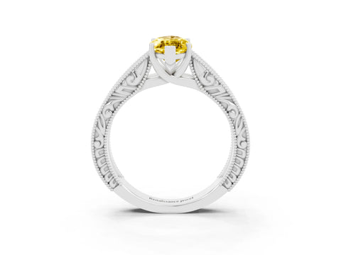 White gold Marquise Cut Yellow Sapphire Solitaire Ring with Engraved Band and Four-Prong Setting_3