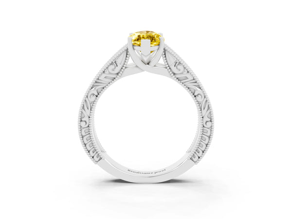 Silver Marquise Cut Yellow Sapphire Solitaire Ring with Engraved Band and Four-Prong Setting