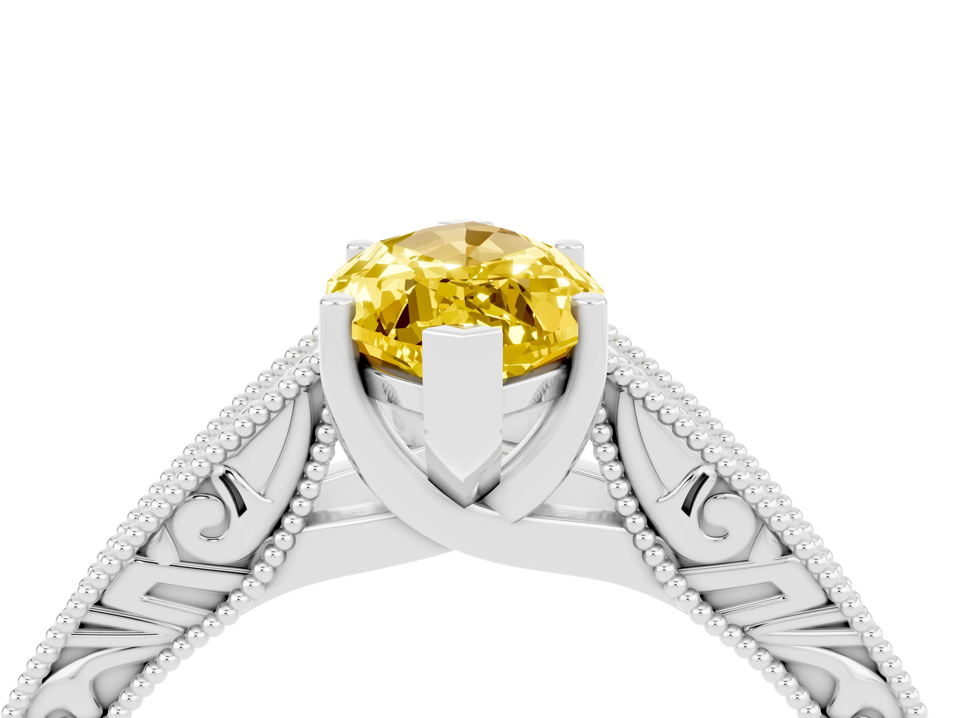 White gold Marquise Cut Yellow Sapphire Solitaire Ring with Engraved Band and Four-Prong Setting_4
