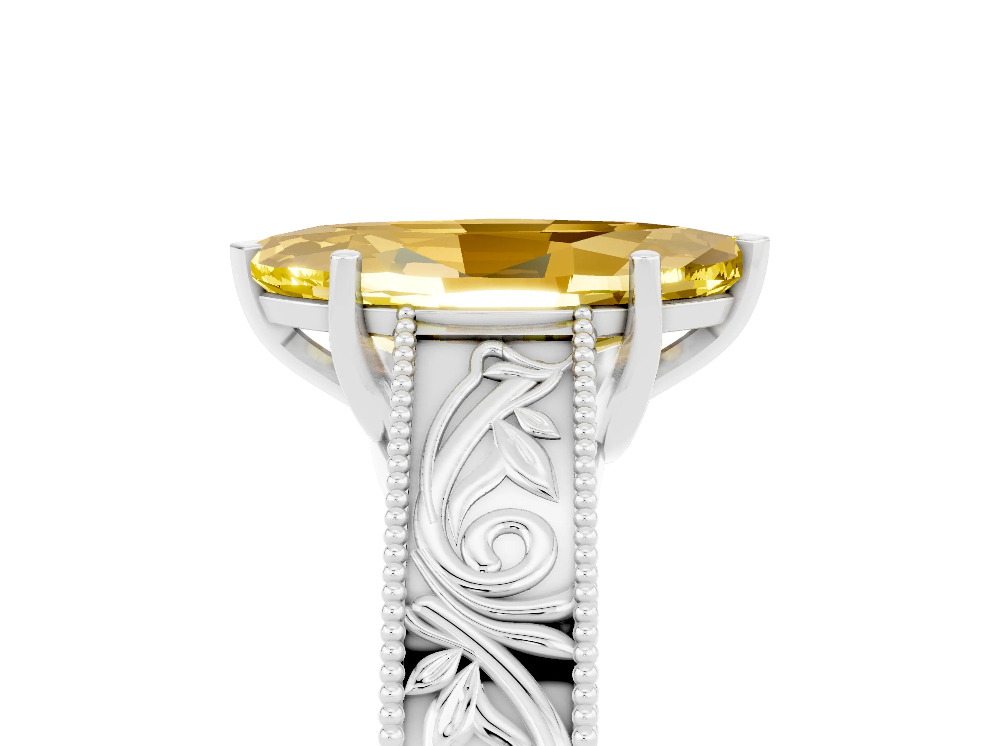 White gold Marquise Cut Yellow Sapphire Solitaire Ring with Engraved Band and Four-Prong Setting_5