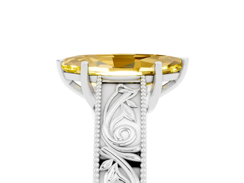 White gold Marquise Cut Yellow Sapphire Solitaire Ring with Engraved Band and Four-Prong Setting_5