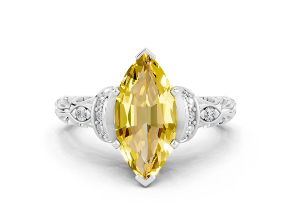 White gold Marquise Cut Yellow Sapphire Solitaire Ring with Filigree Band and Four-Prong Setting