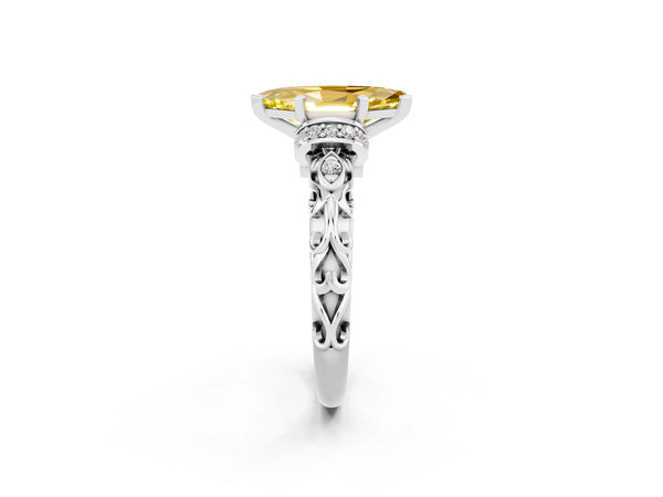 White gold Marquise Cut Yellow Sapphire Solitaire Ring with Filigree Band and Four-Prong Setting