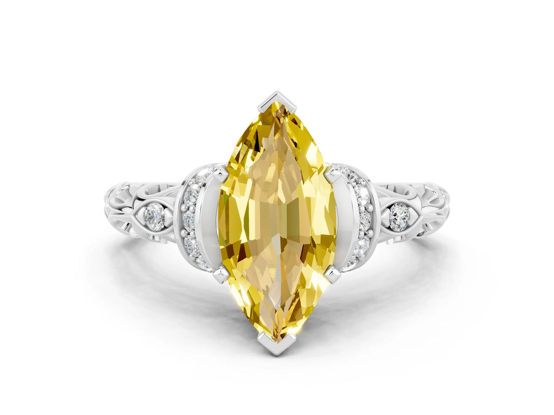 White gold Marquise Cut Yellow Sapphire Solitaire Ring with Filigree Band and Four-Prong Setting_69