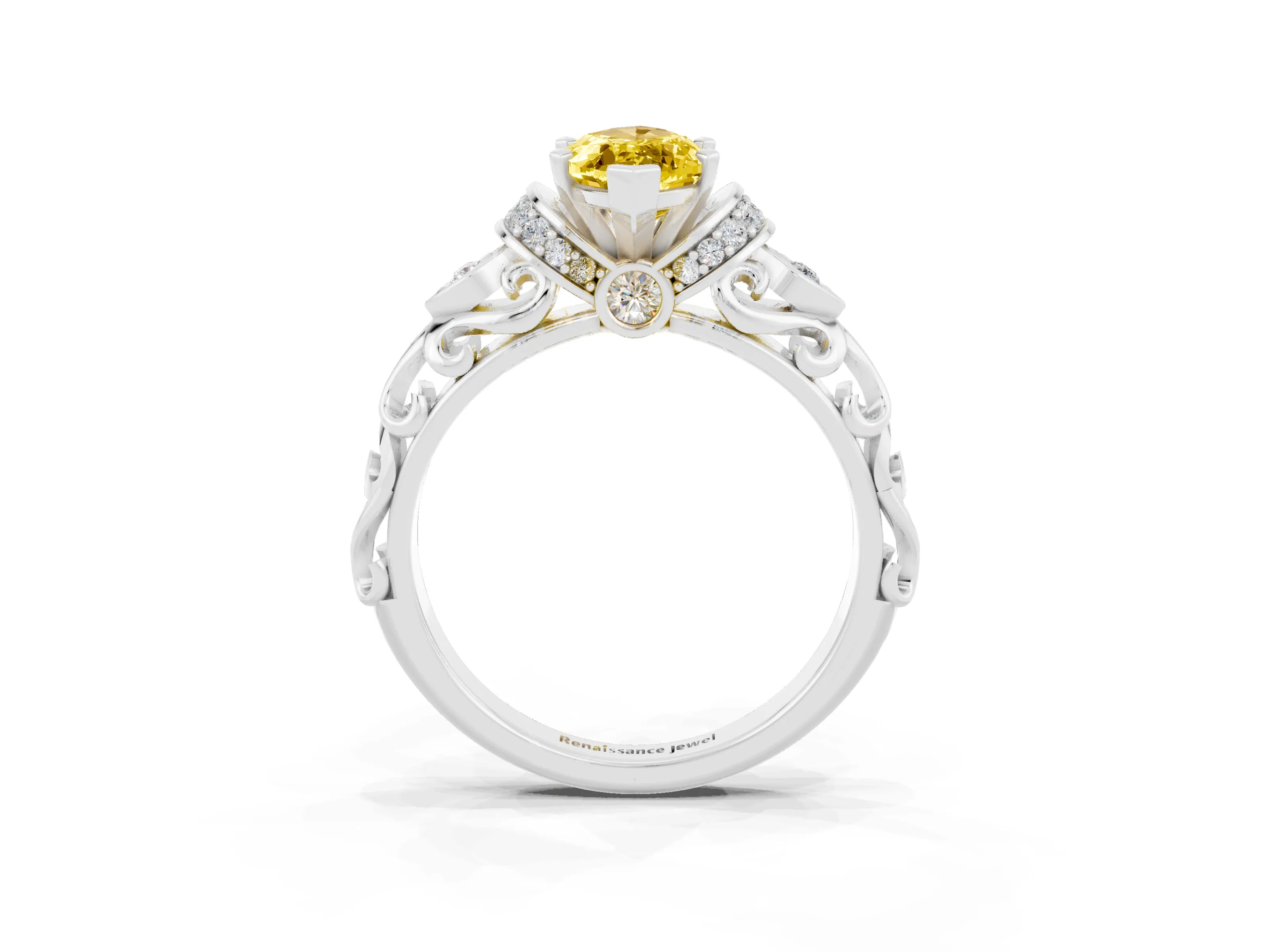 White gold Marquise Cut Yellow Sapphire Solitaire Ring with Filigree Band and Four-Prong Setting_69