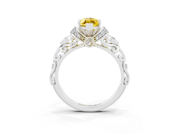 Silver Marquise Cut Yellow Sapphire Solitaire Ring with Filigree Band and Four-Prong Setting